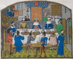 Feast from Richard II with the Dukes of York, Gloucester and Ireland, ca 1386 (Jean de Wavrin, Recueil des croniques et anchiennes istories de la Grant Bretaigne, ca 1470)