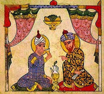 Miniature from the Abassidian age, tasting 'yellow wine' (13th century). Source: wikimedia