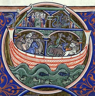 De ark van Noach, met eronder vissen en de verdronken zondaars. Bron: gallica.bnf.fr / BnF, ms 1186 f.13v
