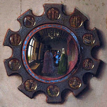 Detail with mirror from the Portrait of the Arnolfinis by Van Eyck, 1434 (National Gallery, London. Source: wikimedia)