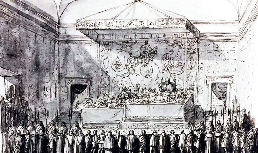 De Zweedse koningin in ballingschap Christina te gast bij paus Clemens IX, 9 december 1668 (detail, Pierre Paul Sevin).
