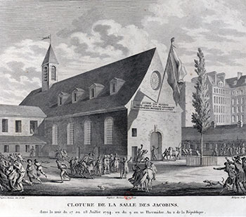 Het Jacobijnenklooster in 1794 tijdens de opheffing van de revolutionaire Jacobijnenclub. Bron: Wikimedia