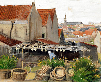 Het drogen van scholletjes. Detail uit een schilderij van Vincent van Gogh (1882, Drooghuis in Scheveningen). Bron: Wikimedia