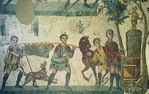 Terugkeer van de jacht. Mozaiek, Villa Romana del Casale, Sicilië, 4de eeuw nC. Bron wikimedia, Jerzy Strzelecki