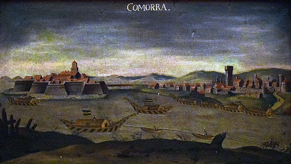 Uitzicht op Komárom met de rivier de Donau. Artiest onbekend. Bron: Wikimedia