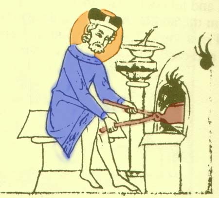 Koning Wenceslaus bakt hosties in een wafelijzer. Bron: Biblia picta Velislai, Praag, 1ste helft 14de eeuw, kleur door mij toegevoegd. 