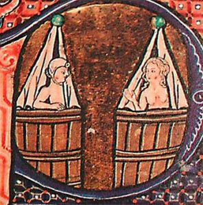 Middeleeuwse miniatuur van twee badende mensen. Bron: Wikimedia