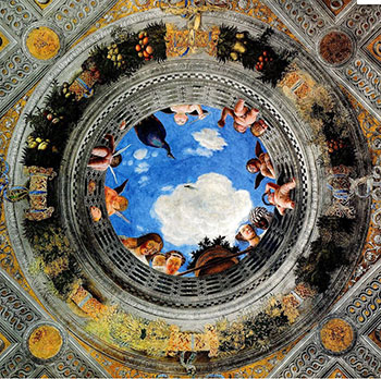 Plafondschildering door Andrea Mantegna in de Camera delli sposi (bruidskamer). Bron: Wikimedia