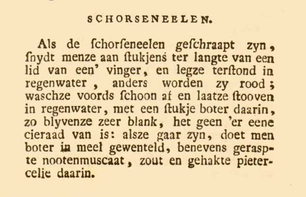 The original recipe for black salsify in the 'Nieuwe vaderlandsche kookkunst' (1796)