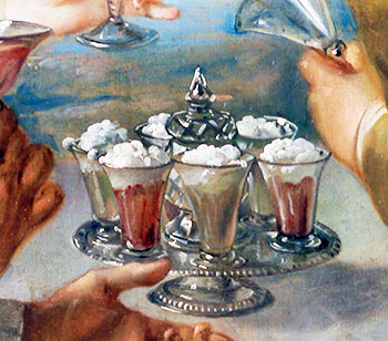 Syllabubglazen op tafel. Detail van 'Taste' (1744-1747), een schilderij van Philippe Mercier (bron Wikimedia)