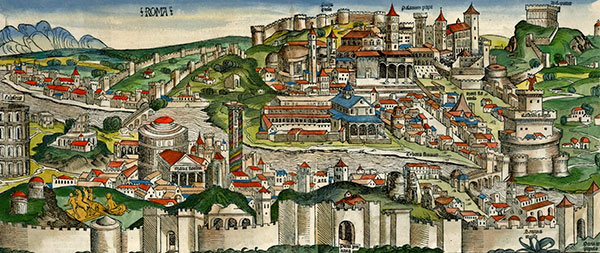 Rome aan het eind van de 15de eeuw (Nüremberg kroniek. Bron Wikimedia). Links op het randje het Colosseum, rechts de Engelenburcht.
