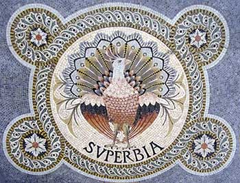 Superbia or Vanity. The peacock is the iconic bird for this sin. Mosaic from the basilic Notre Dame de Fourvière (Lyon, 19th century), Source: Wikimedia.