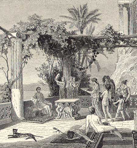 Keizer Tiberius op Capri. Gravure uit de 19de eeuw