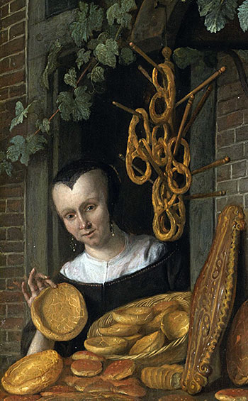 Jan Steen, Baker and his wife, detail with the wife Catharina Keizerswaard (1658, Rijksmuseum)