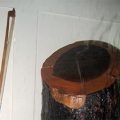 Strijkstok en doorgesneden stam van brazielhout. Bron: Wikimedia