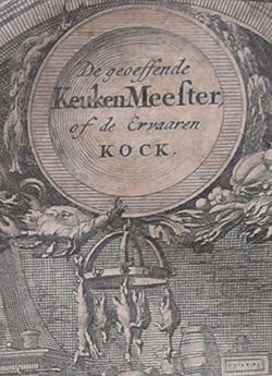 Detail of the frontispice of 'De Geoeffende keuken-Meester'