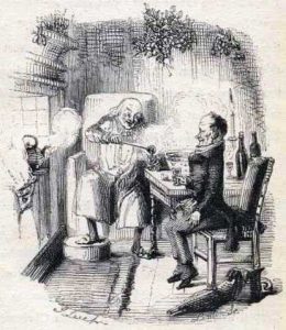 Scrooge en Bob Cratchit bij de haard met een kom bisschopswijn. John Leech, 1843, illustratie bij A Christmas Carol 