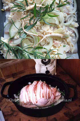 On top: the bottom of the pan before the capon is added. Below: the capon is added.