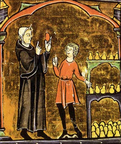 Opgeslagen (kwee)peren worden gecontroleerd op bederf (miniatuur, 15de eeuw)
