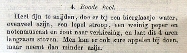 De tekst van het re4cept voor rodekool van betje uit 1851