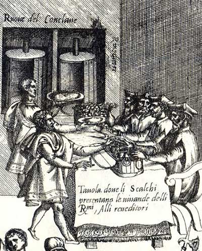 De gerechten worden eerst gekeurd voordat ze door de draaideuren naar de kardinalen in het conclaaf gaan (Scappi, Opera)
